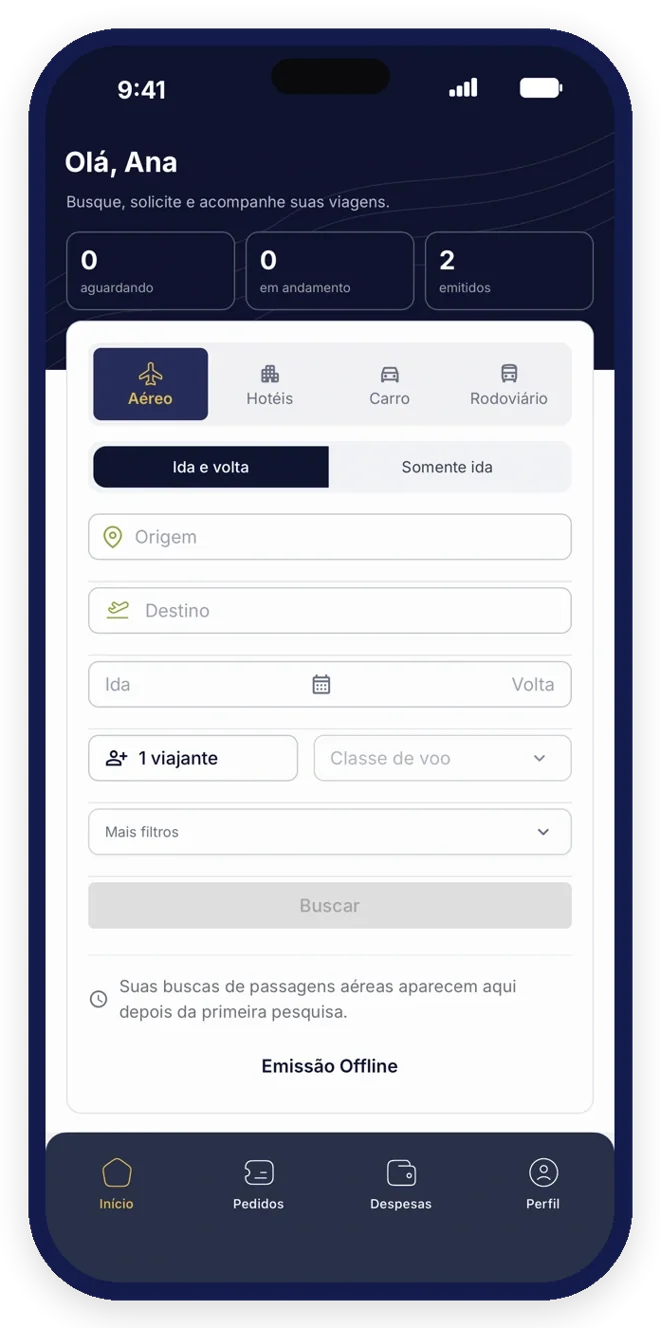 App Kontrip no celular com resumo de pedidos e busca de aéreo, hotel, carro e ônibus