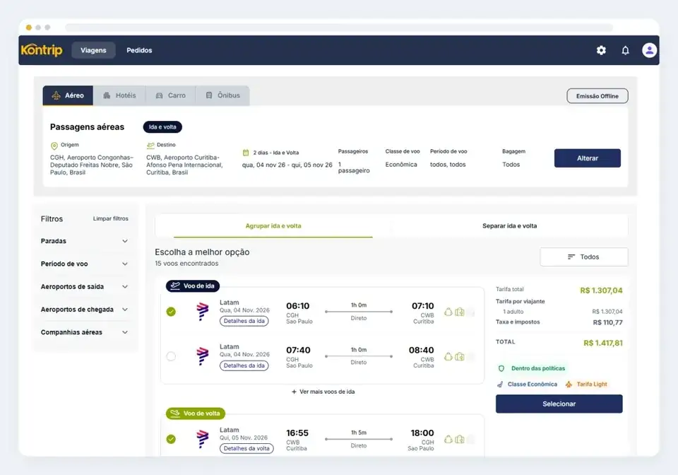 Busca de passagens aéreas na plataforma Kontrip, com voos de várias companhias e a política da empresa aplicada