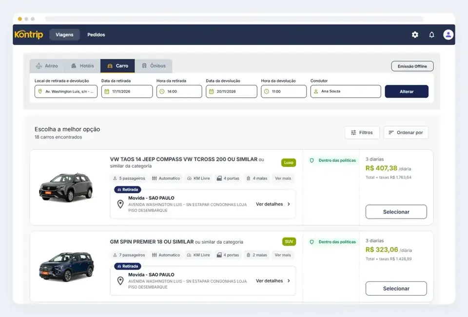 Reserva de carro na plataforma Kontrip, com categorias permitidas pela política