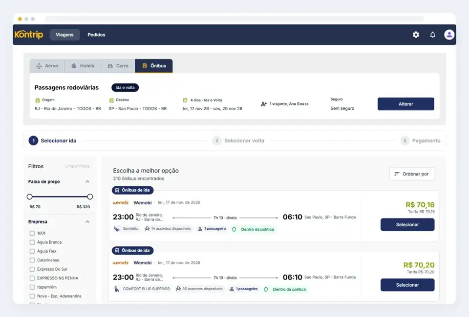 Busca de passagens de ônibus na plataforma Kontrip, com empresas, horários e poltronas